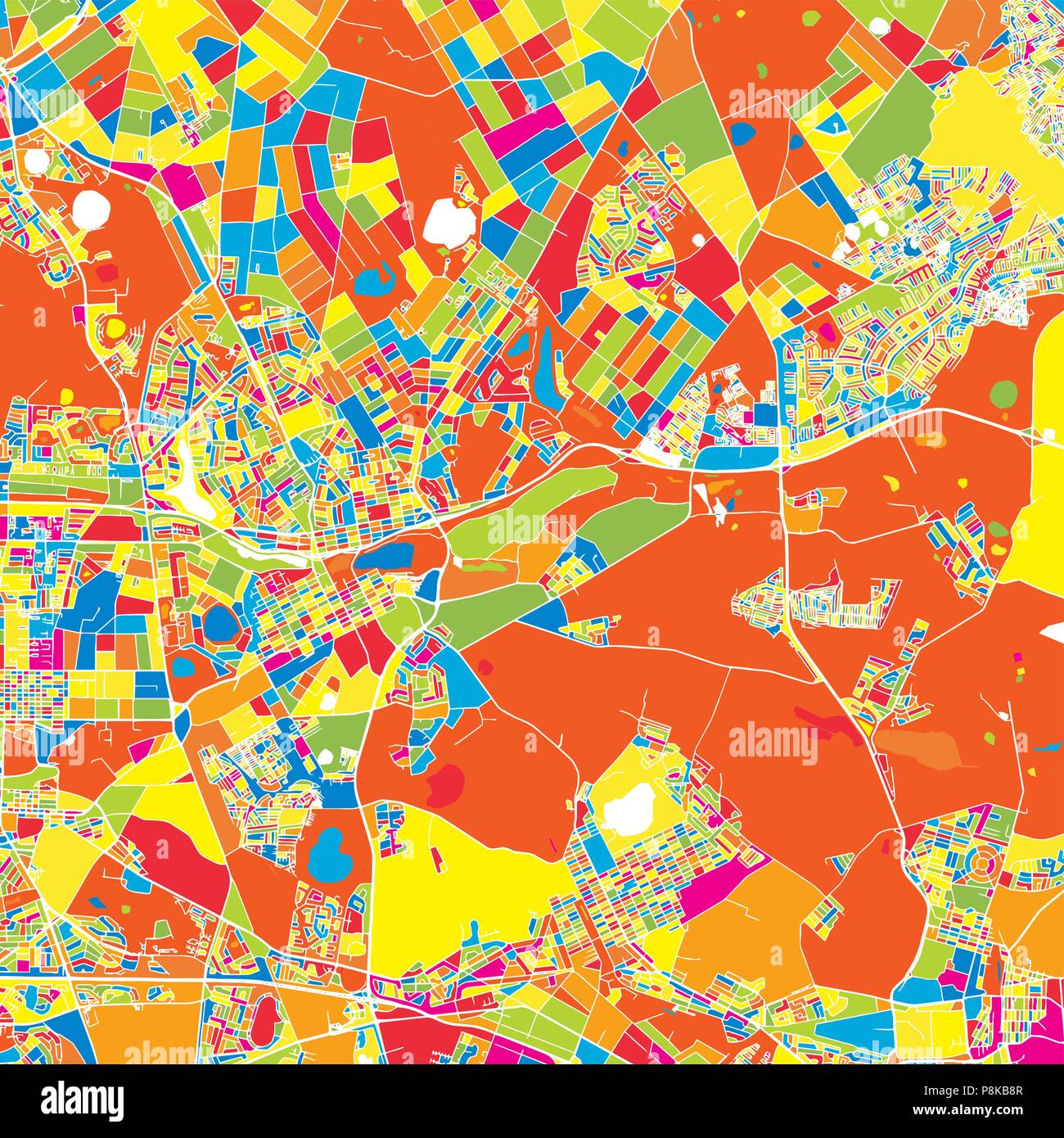Ekurhuleni, Südafrika, bunte Vektorkarte. Weiße Straßen, Schienen und Wasser. Helle farbige Wahrzeichen formen. Kunst Muster drucken. Stock Vektor