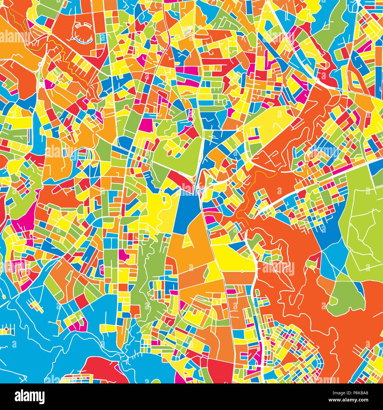 Addis Abeba, Äthiopien, bunte Vektorkarte. Weiße Straßen, Schienen und Wasser. Helle farbige Wahrzeichen formen. Kunst Muster drucken. Stock Vektor