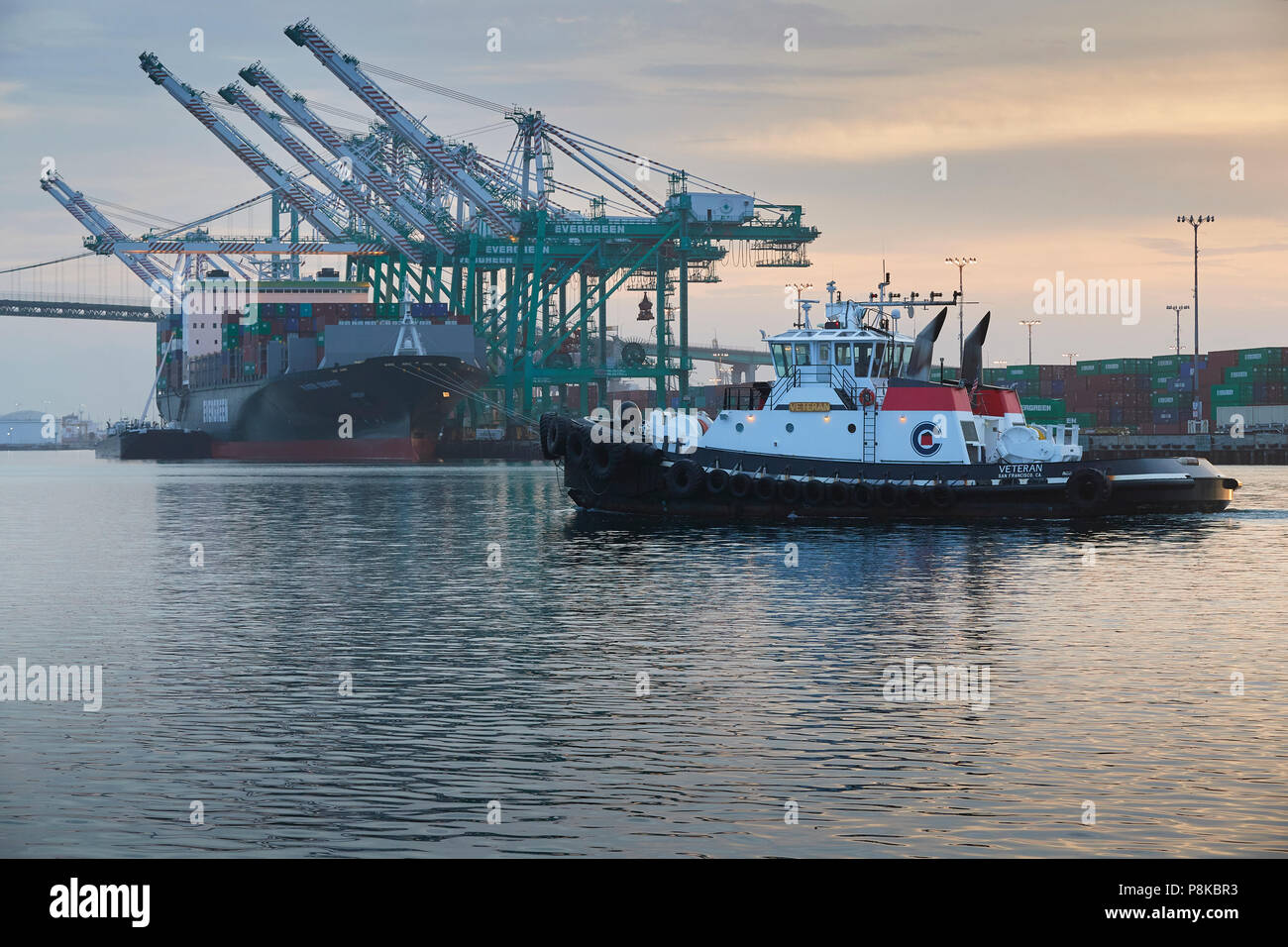 Crowley Maritime Tugboat VETERAN geht vor Der Evergreen Container schiff, IMMER SMART, Be- und Entladung in der EVERPORT Container Terminal. Stockfoto