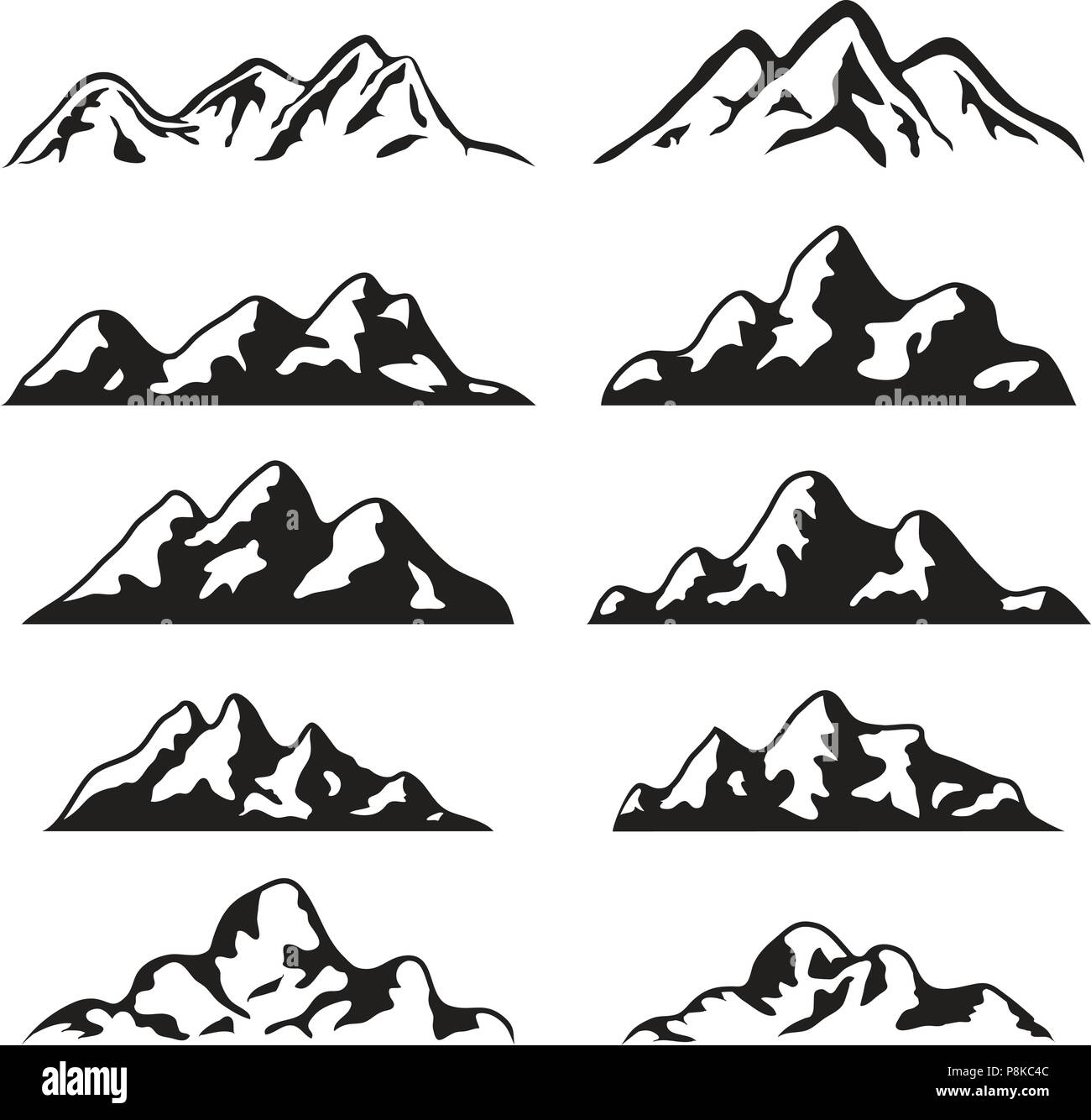Vektor Einrichten Von Schwarzen Und Weissen Berg Silhouette Symbole Logo Sammlung Von Felsigen Schnee Berge Stock Vektorgrafik Alamy