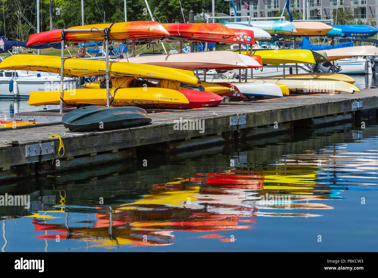 Bunte Kajaks auf einem Rack und deren Reflexionen im Westen Becken in Mamaroneck Hafen in Harbour Island Park, Mamaroneck, New York. Stockfoto