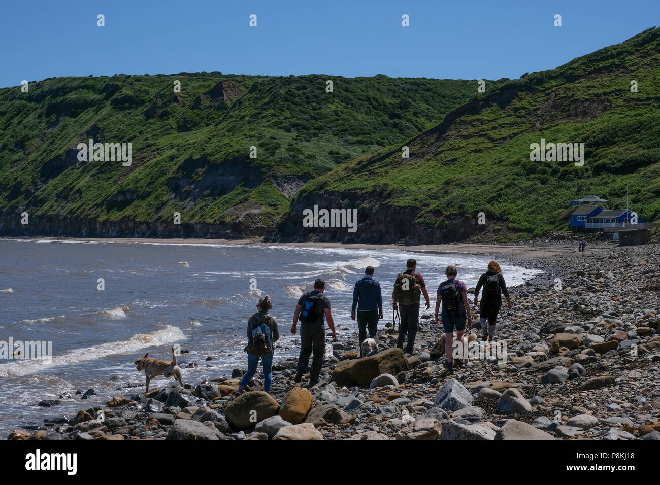 Urlauber und Menschen zu Fuß die Felsen am Strand mit Hund am Meer auf [Songbook] Bay, North Yorkshire Heritage Coast. Stockfoto