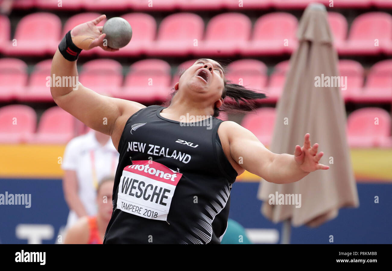 Tampere, Finnland. 11. Juli 2018. Madison-Lee Wesche von Neuseeland konkurriert im Schoß der Frauen bei der IAAF (Internationaler Verband der Athletik-vereinigungen) Welt U20 Meisterschaften in Tampere, Finnland, 11. Juli 2018. Madison-Lee Wesche gewann die Goldmedaille mit 17,09 m. Credit: Matti Matikainen/Xinhua/Alamy leben Nachrichten Stockfoto