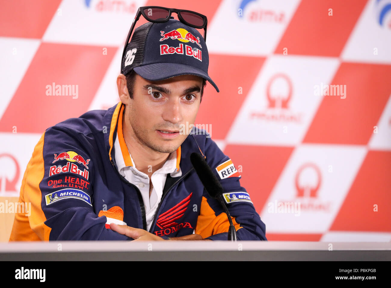 12. Juli 2018, Deutschland, Hohenstein-Ersntthal, Motorsport, Grand Prix Deutschland, Moto GP auf der Sachsen Ring: Spanisch Repsol-Honda Fahrer Dani Pedrosa kündigt seinen Rückzug aus der MotoGP während einer Pressekonferenz. Foto: Jan Woitas/dpa-Zentralbild/dpa Quelle: dpa Picture alliance/Alamy leben Nachrichten Stockfoto