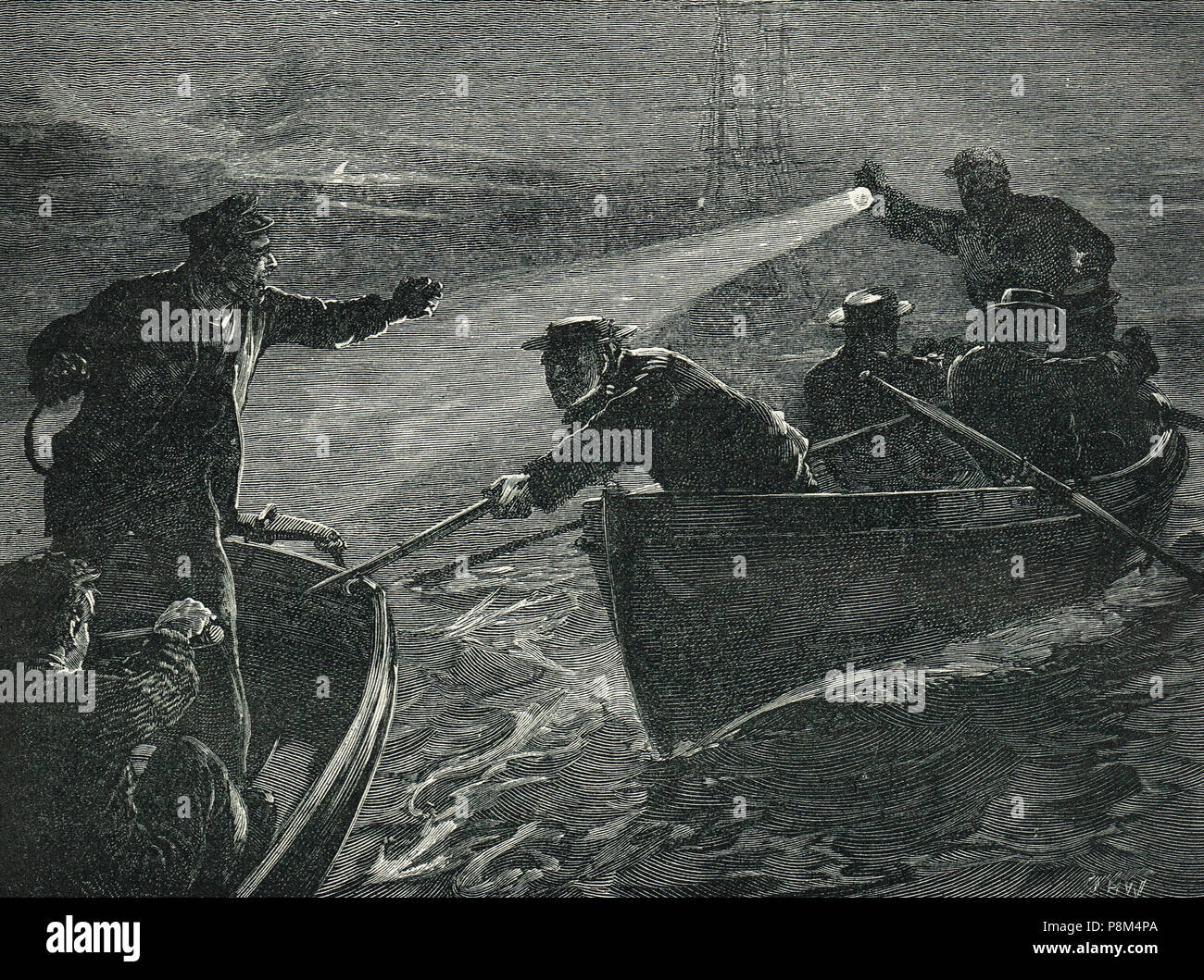 Die verhaftung der Seeleute aus dem CSS Shenandoah, lokale Männer, die verstaut auf dem Schiff für die Verbündete Sache zu kämpfen, gefangen, die versuchen, durch das Williamstown wasser Polizei zu entkommen, in Hobson's Bay, den Hafen von Melbourne, Australien, 14.-15. Februar 1865 Stockfoto