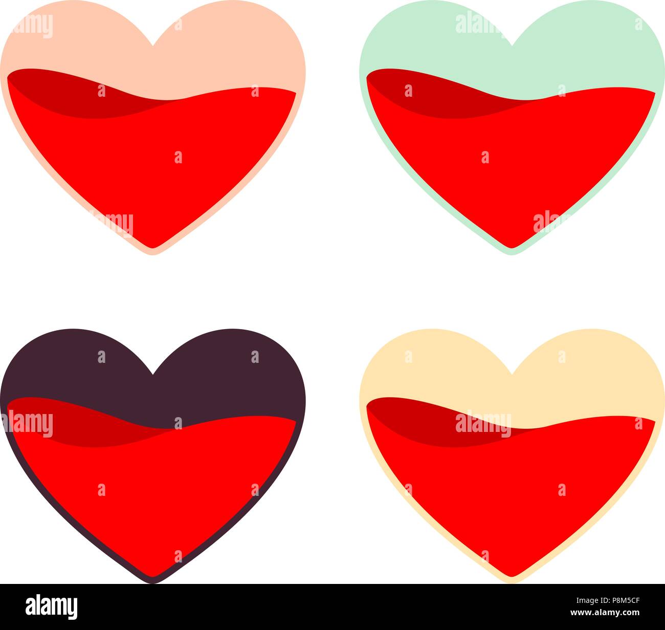 Rot, Pink, Türkis, Gelb und Schwarz vektor Herzen gesetzt. Liebe Stock Vektor