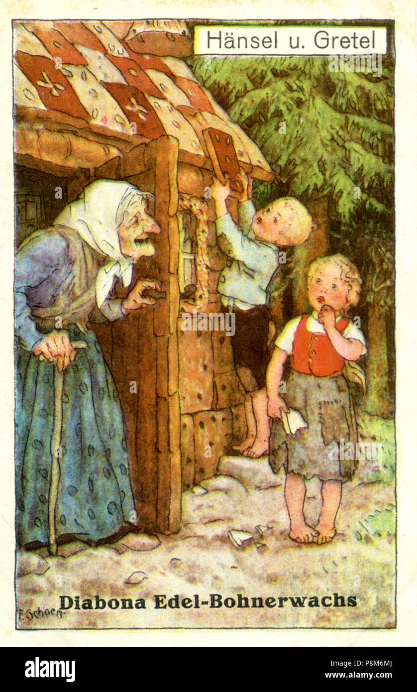 Hansel Und Gretel Schockreaktionen Als Die Hexe Aus Dem Lebkuchenhaus F Schoen Stockfotografie Alamy