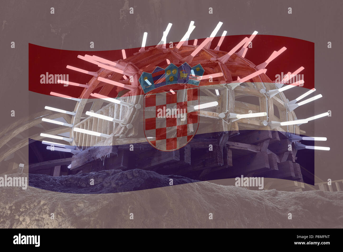 Double Exposure der kroatischen Flagge und jubelnden Menge Stockfoto