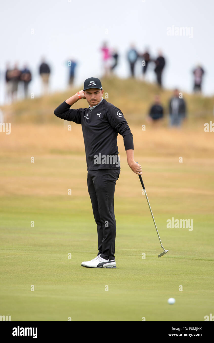 Ricky Fowler reagiert nach seinem Schlag für Birdie am 9. Grün nur während des Tages eine der Aberdeen Asset Management Scottish Open im Gullane Golf Club, East Lothian verpasst. Stockfoto