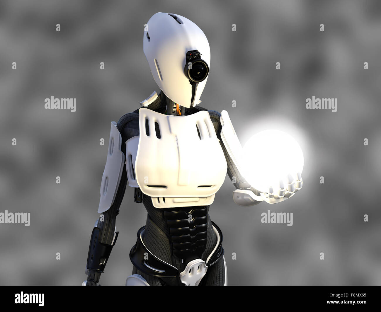 3D-Rendering für eine weibliche Android Roboter Holding eine leuchtende Sphäre der Energie oder Licht in der Hand gegen einen grauen Hintergrund. Stockfoto