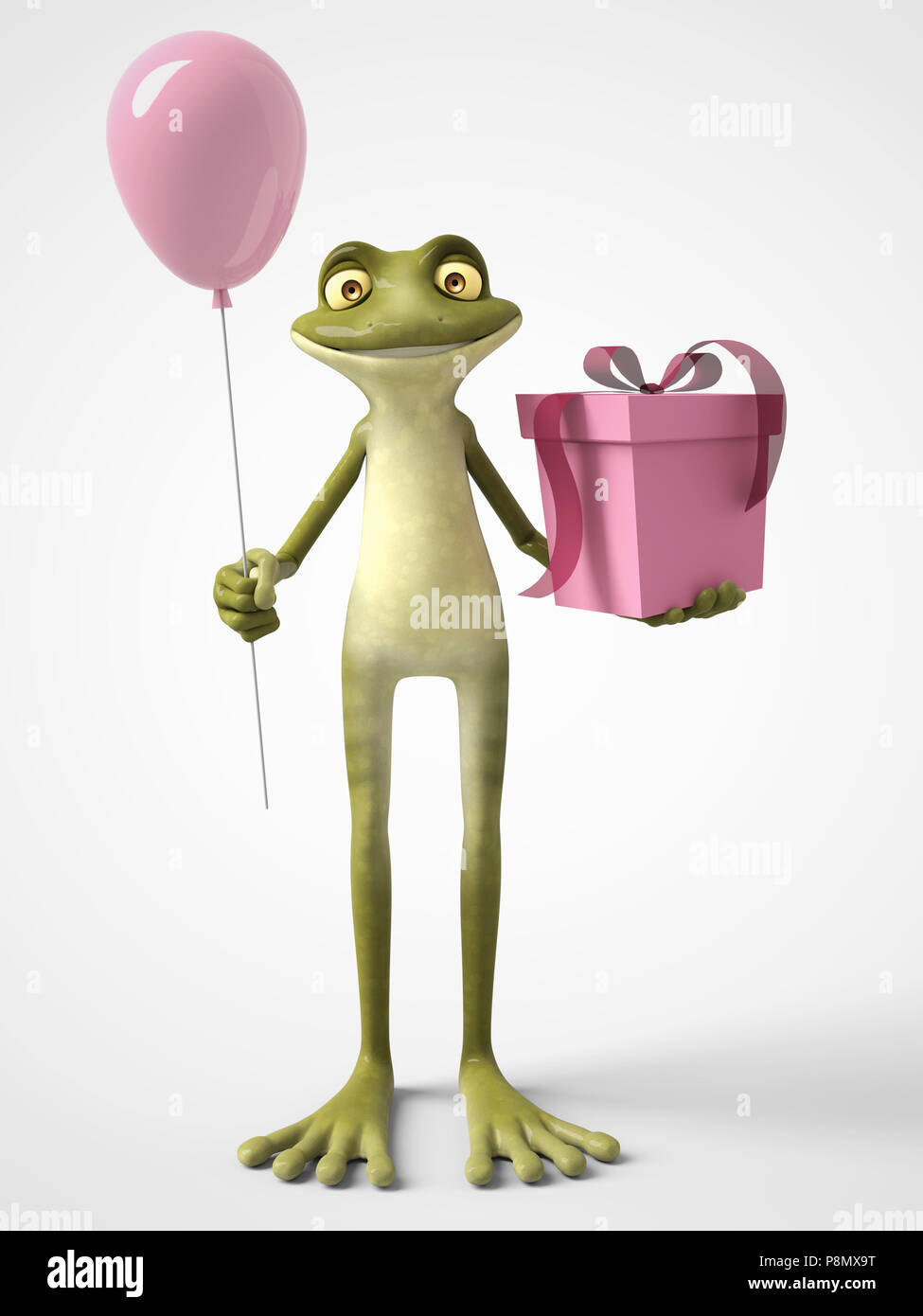 3D-Rendering mit einem lächelnden, cartoon Frosch Holding ein rosa  Luftballon in der einen Hand und ein Geburtstagsgeschenk in der anderen.  Weißer Hintergrund Stockfotografie - Alamy