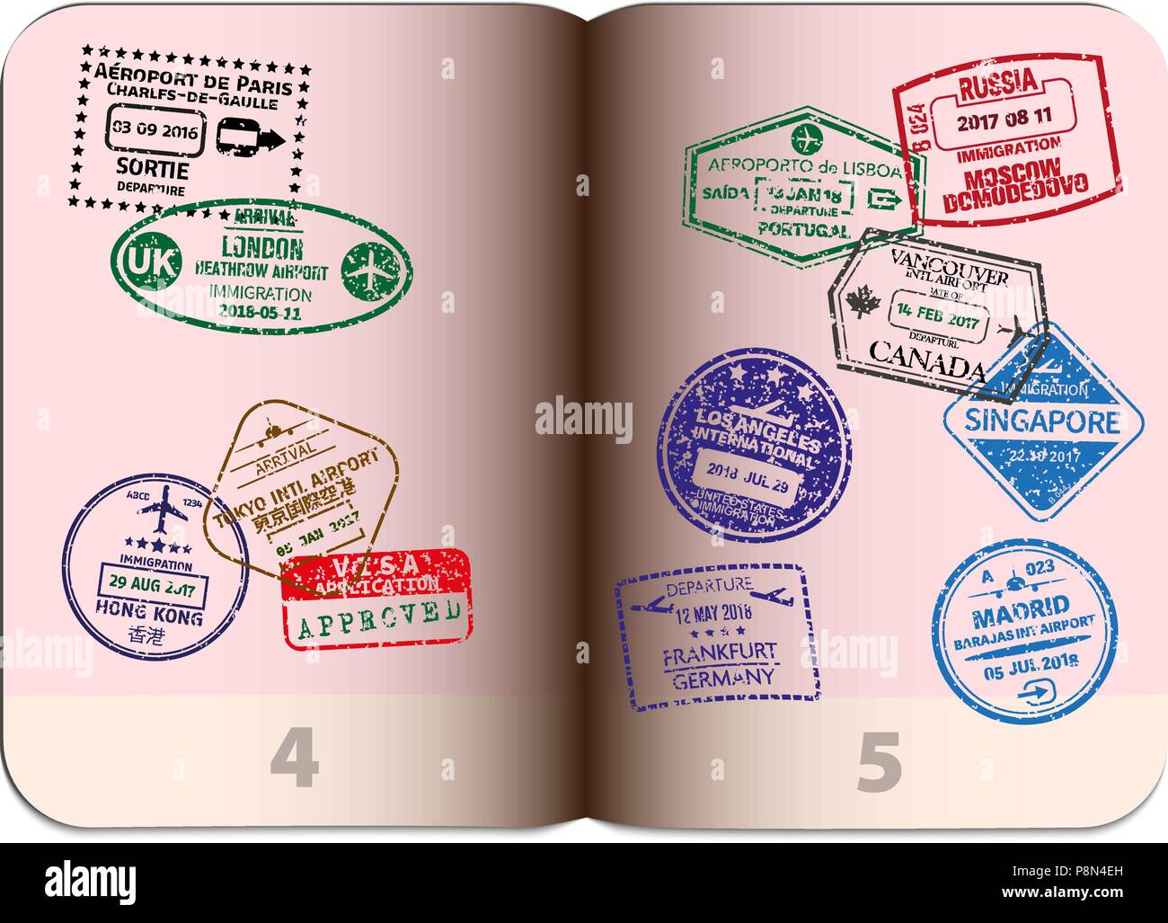 Öffnen Pass mit verschiedenen Visa Stempel Stock Vektor