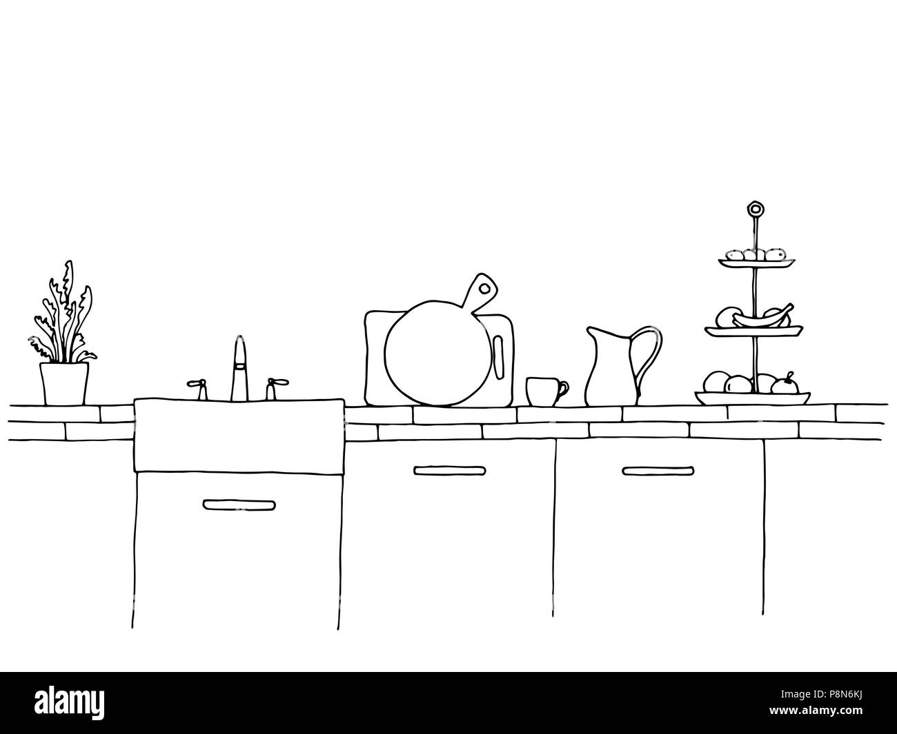 Küche Arbeitsplatte mit Spüle. Die Skizze der Küche Stock Vektor