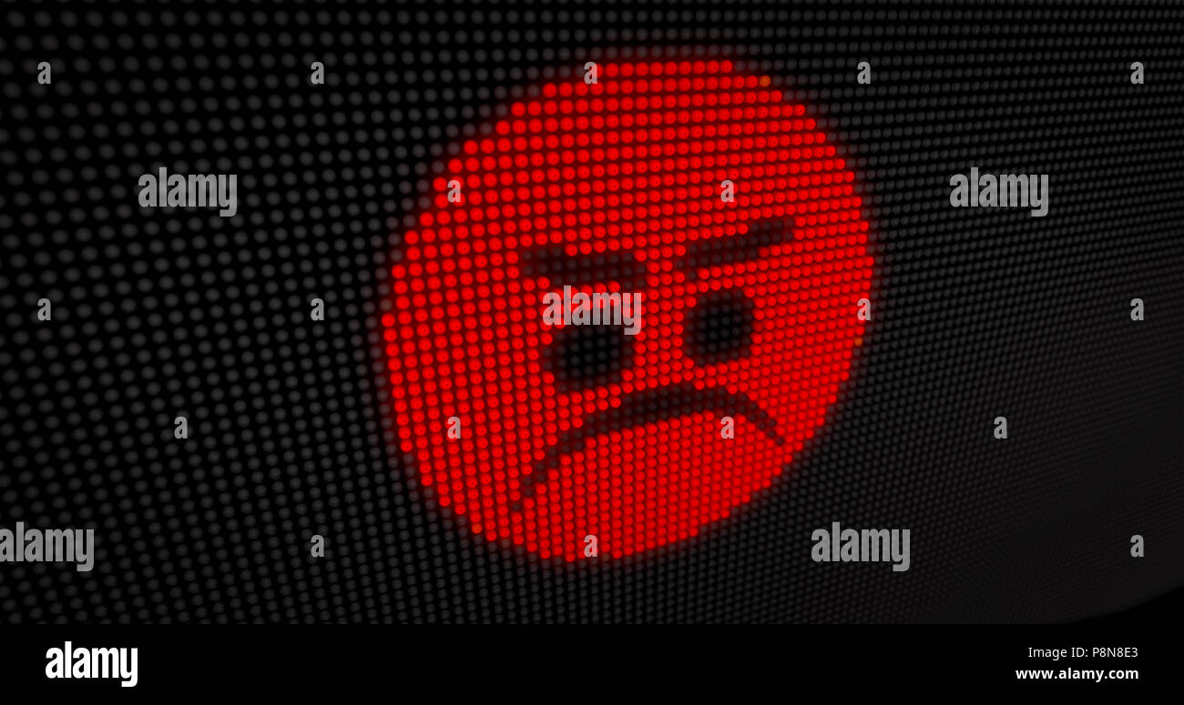 Emoticon wütend das Gesicht auf die große LED-Anzeige mit großen Pixeln. Helles Licht Irritationen Ausdruck Symbol auf Glühlampen Anzeige stilisierten 3D-Abbildung. Stockfoto