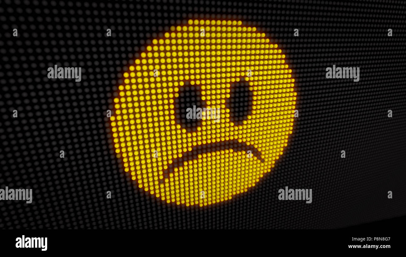 Emoticon traurige Gesicht auf große LED-Anzeige mit großen Pixeln. Helles Licht Traurigkeit Ausdruck Symbol auf Glühbirnen stilisierte Darstellung 3D Darstellung. Stockfoto