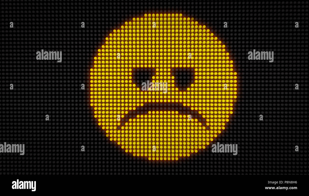 Emoticon traurige Gesicht auf große LED-Anzeige mit großen Pixeln. Helles Licht Traurigkeit Ausdruck Symbol auf Glühbirnen stilisierte Darstellung 3D Darstellung. Stockfoto