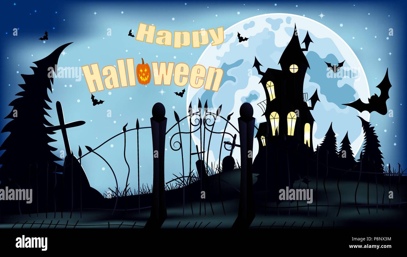 Kürbis, Schloss, Mond, Nacht, Vector, bat, Turm, Kreuz, Sterne, Beschriftung - Happy Halloween Stock Vektor