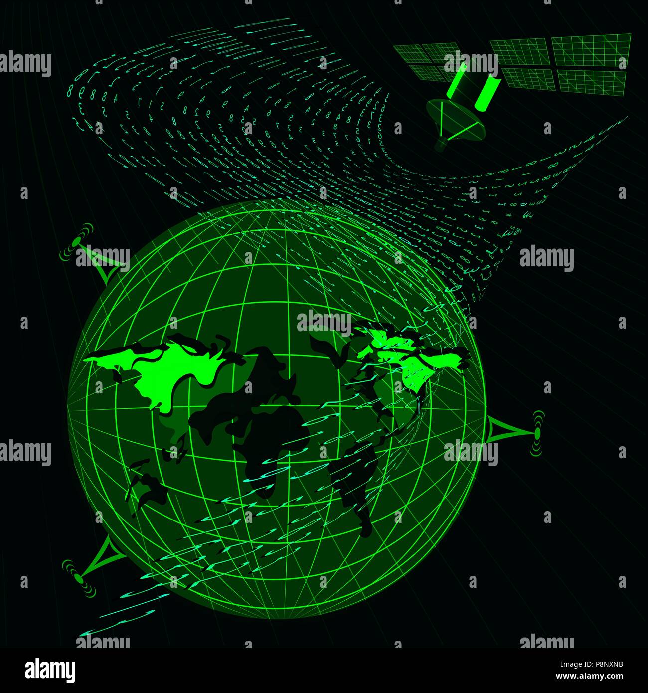 Hintergrund in einer Matrix Stil. Antenne, Satellit, der Erde. Der zufallszahlen. Grün ist dominierende Farbe. Vector Illustration Stock Vektor