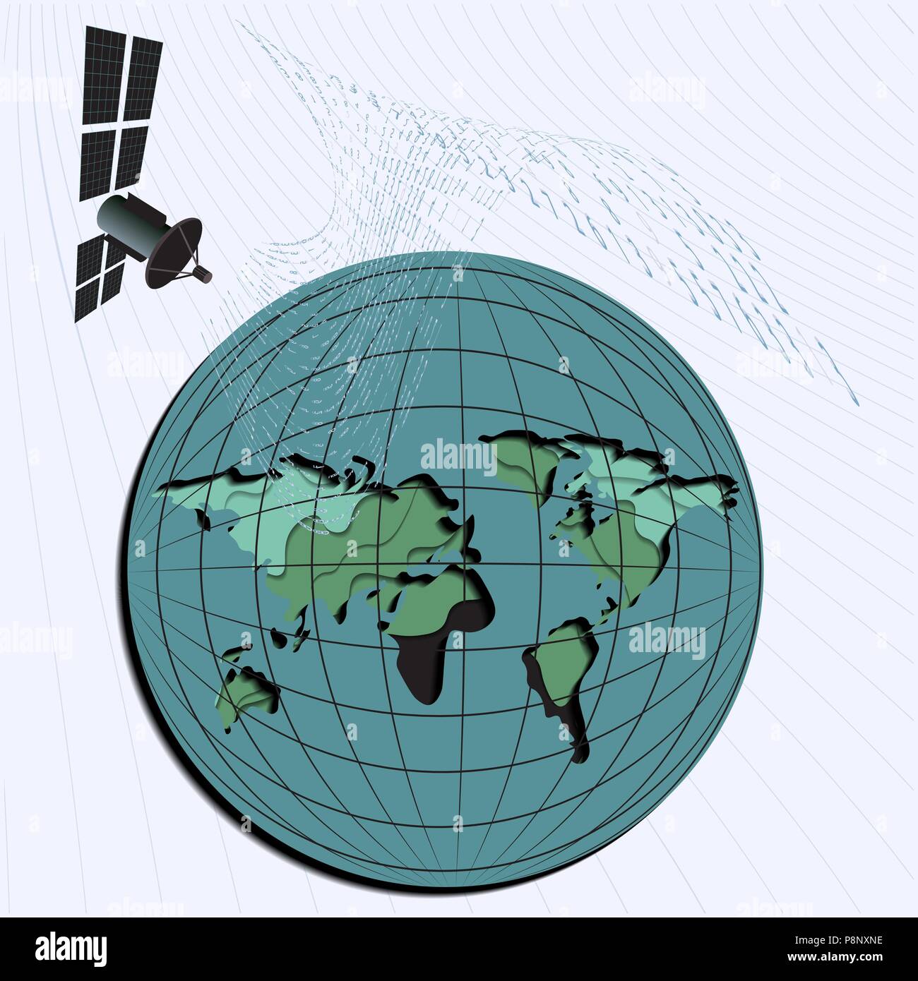 Hintergrund in einer Matrix Stil. Antenne, Satellit, der Erde. Der zufallszahlen. beige ist dominierende Farbe. Vector Illustration Stock Vektor