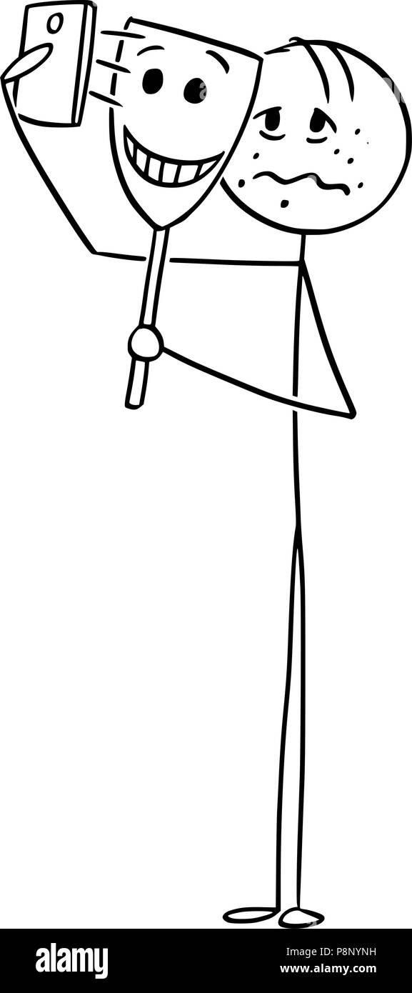Cartoon des unglücklich oder kranken Mann unter Selfie mit glücklichen Maske Stock Vektor