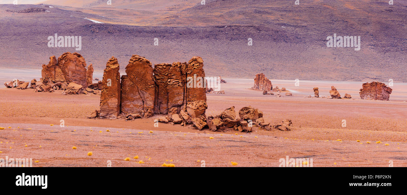 Spalten der Ignimbrite durch Winderosion hoch gebildet, in den Anden Stockfoto