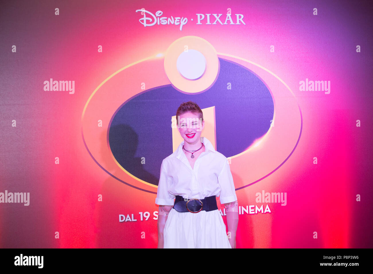 Rom, Italien. 12. Juli 2018. Fotoauftrag der neuen Disney Pixar Film "Die Unglaublichen 2' mit Bebe Vio, Amanda Lear, Orso Maria Guerrini, und Tiberio Timperi. Credit: Matteo Nardone/Pacific Press/Alamy leben Nachrichten Stockfoto