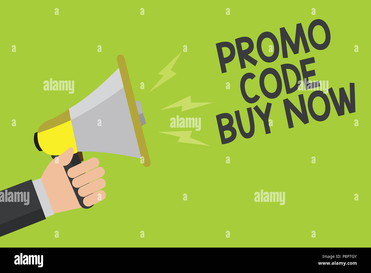 Handschrift text Promo Code Jetzt kaufen. Konzept Sinn geben großen Rabatt durch Eingabe spezieller Wörter Ankündigung Symbol Lautsprecher alarmierende Warnzeichen Stockfoto