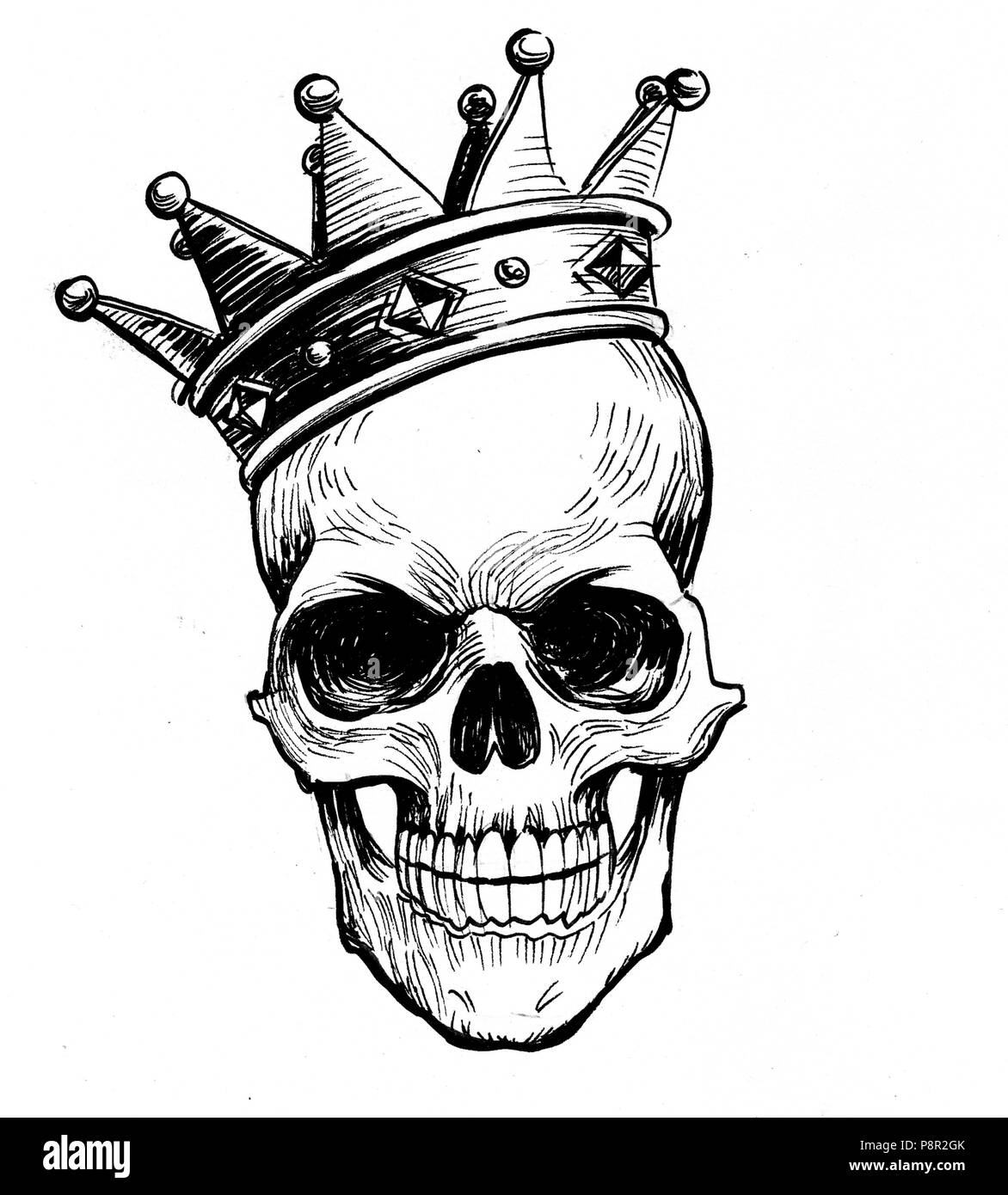 Menschlicher Schädel in der Krone. Tinte schwarz und weiß Abbildung: Stockfoto