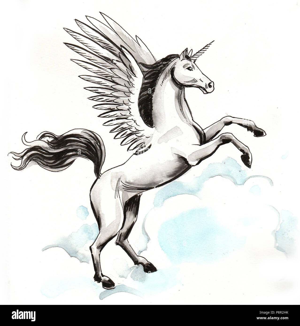 Weißes Einhorn. Tusche und Aquarell Abbildung Stockfoto