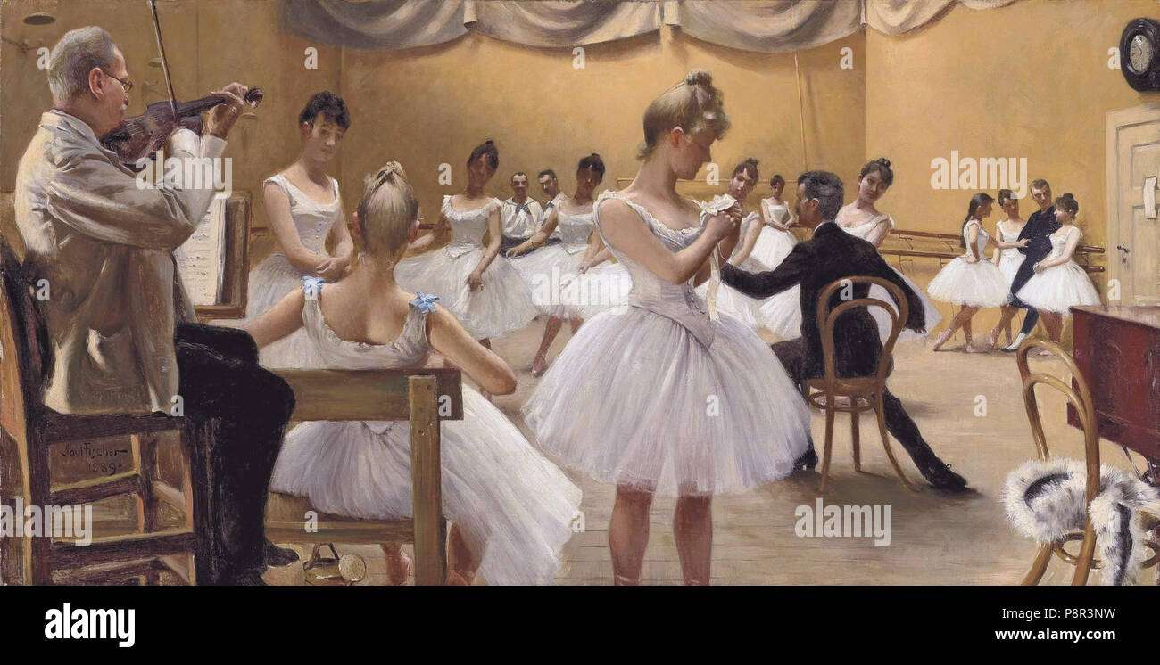 Das königliche Theater Ballet School, Kopenhagen. Malerei zeigt Geiger Busch, die Ballerina Charlotte Weihe (stehend Mitte vorne) und das Ballett Meister Emil Hansen, sitzt auf der rechten Seite. * Öl auf Leinwand* 53 x 102,9 cm * b: Paul Fischer/1889. 454 PaulGustaveFischerballetschool Stockfoto