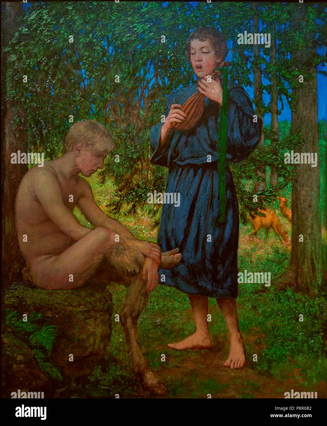 2-M120-F 2-1895-1 H. Thoma, Faun und Junge Thoma, Hans 1839-1924. "Faun und Junge', 1895. Oel auf Holz, 85,5 x 69 cm. Oldenburg, Landesmuseum. 555 Hans Thoma - Faun und Jüngling Stockfoto