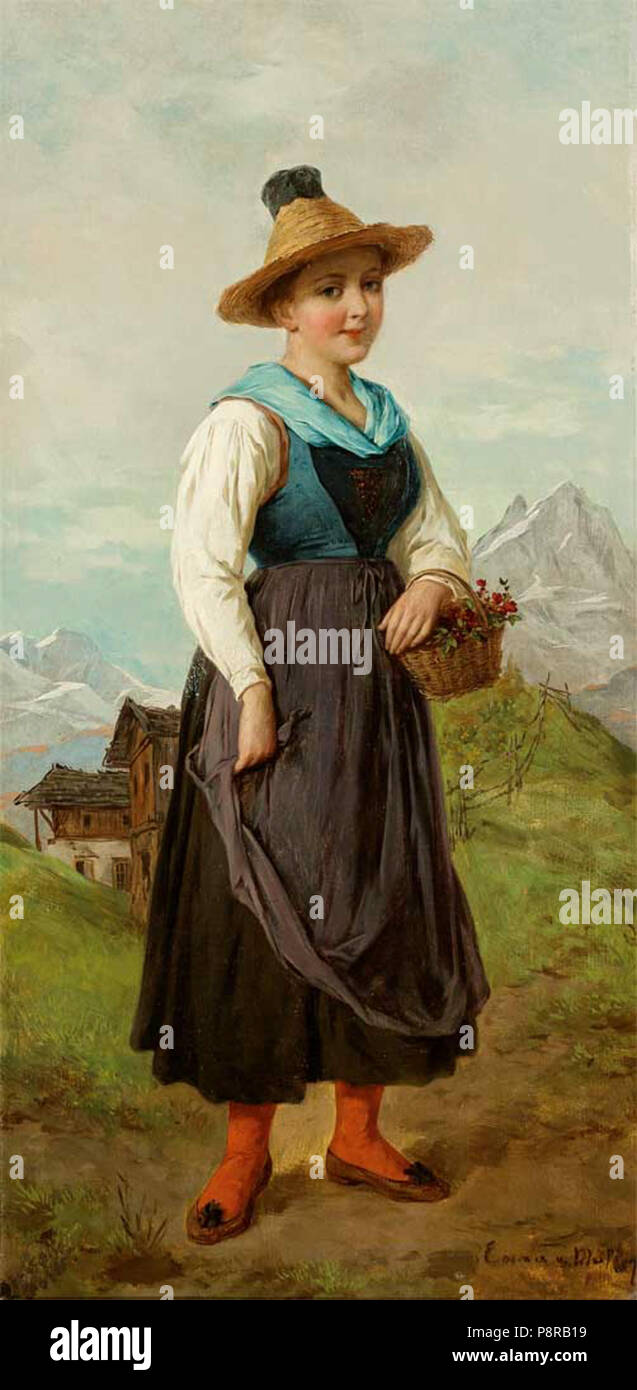 274 Emma Müller von Seehof (attr) Tirolerin mit Blumenkörbchen Stockfoto