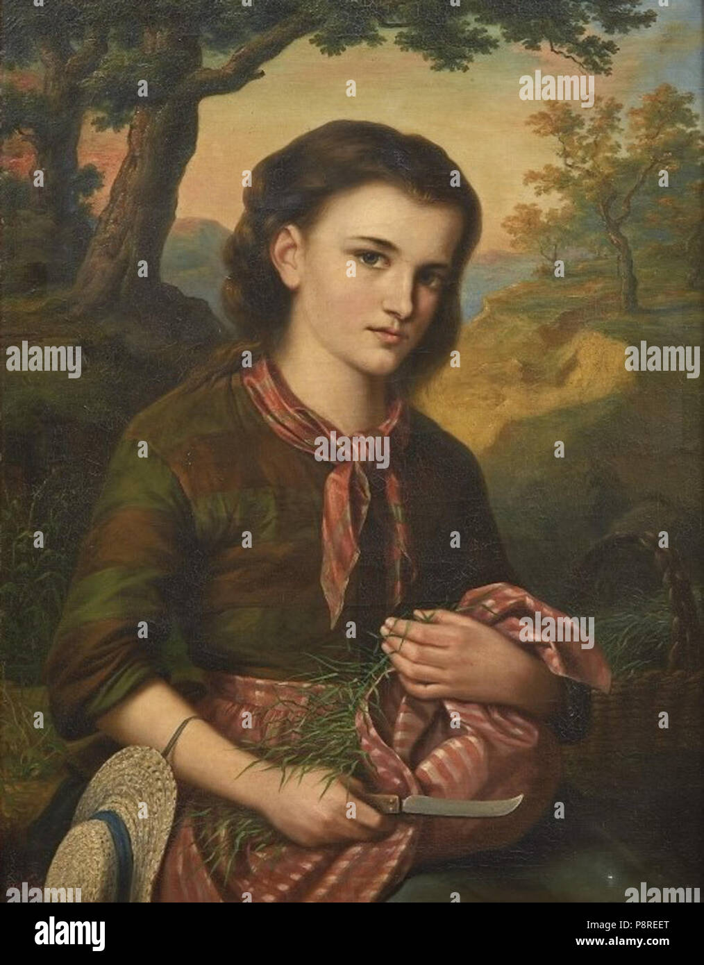 274 Emily Mary Osborn - Junges Mädchen beim Kräuterschneiden in Waldlandschaft, 1872 Stockfoto