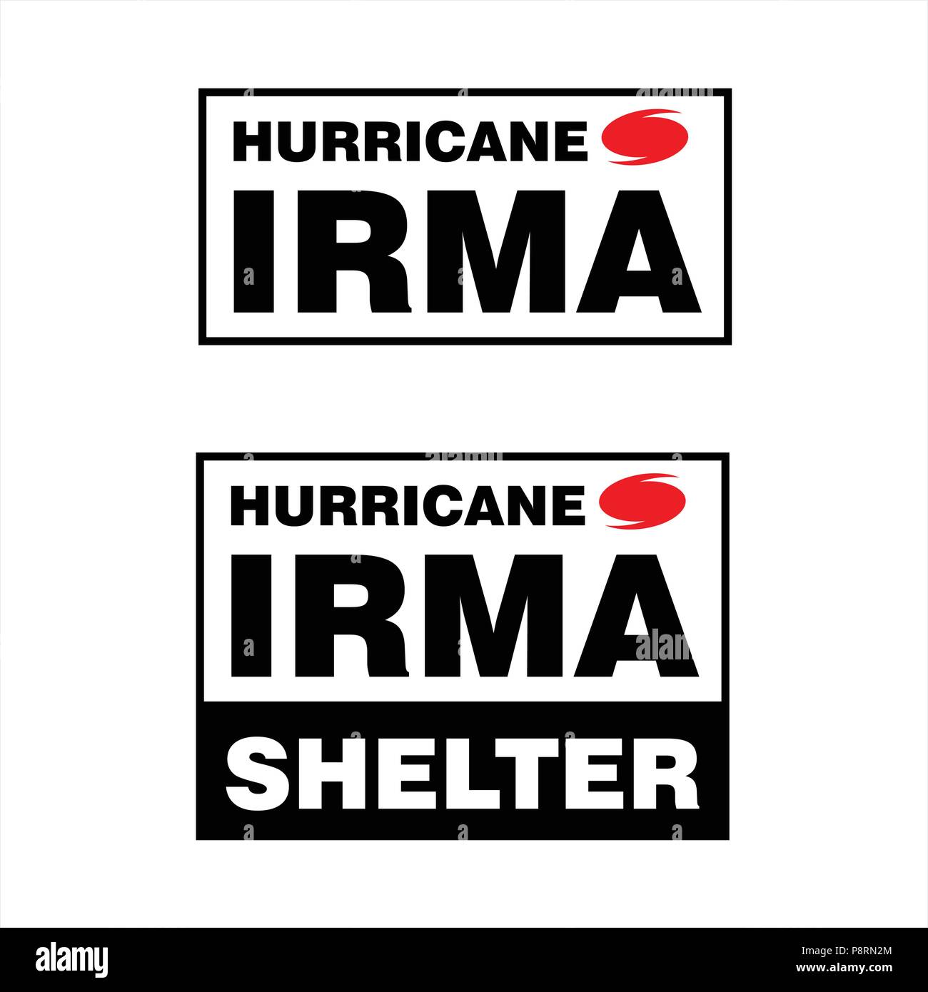 Hurricane Irma Shelter Box Aufkleber oder Stempel. Hurricane Indikation. Grafik Banner von Hurrikan Warnung. Für web design und Application Interface, auch Stock Vektor