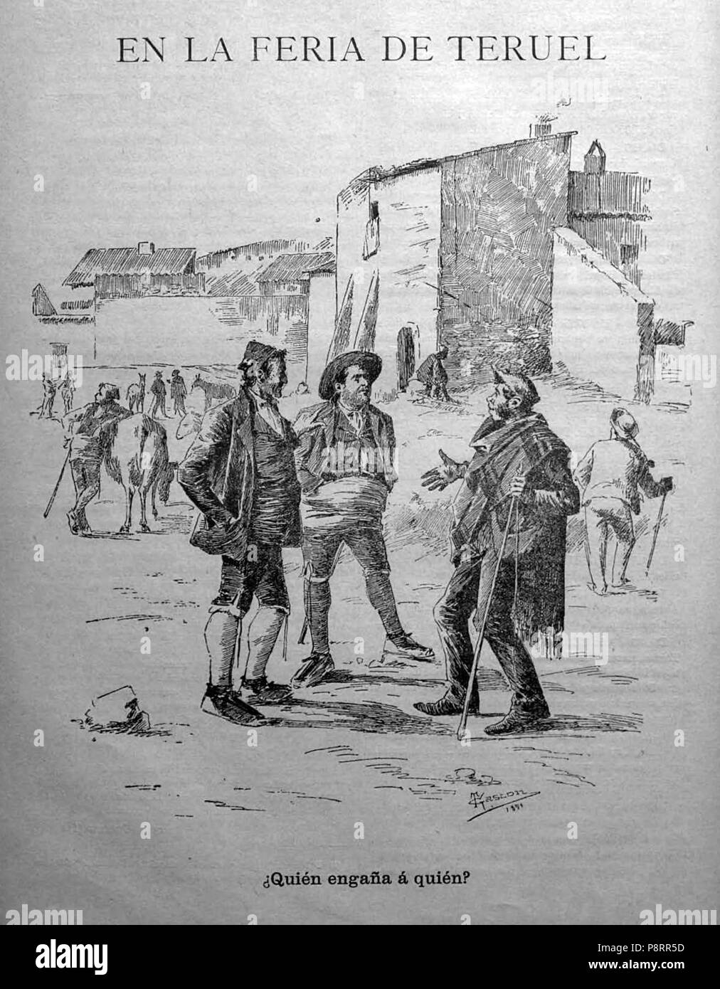 274 En la Feria de Teruel. ¿Quién engaña a quién, de Gascón, Miscelánea Turolense, 15-07-1891 Stockfoto
