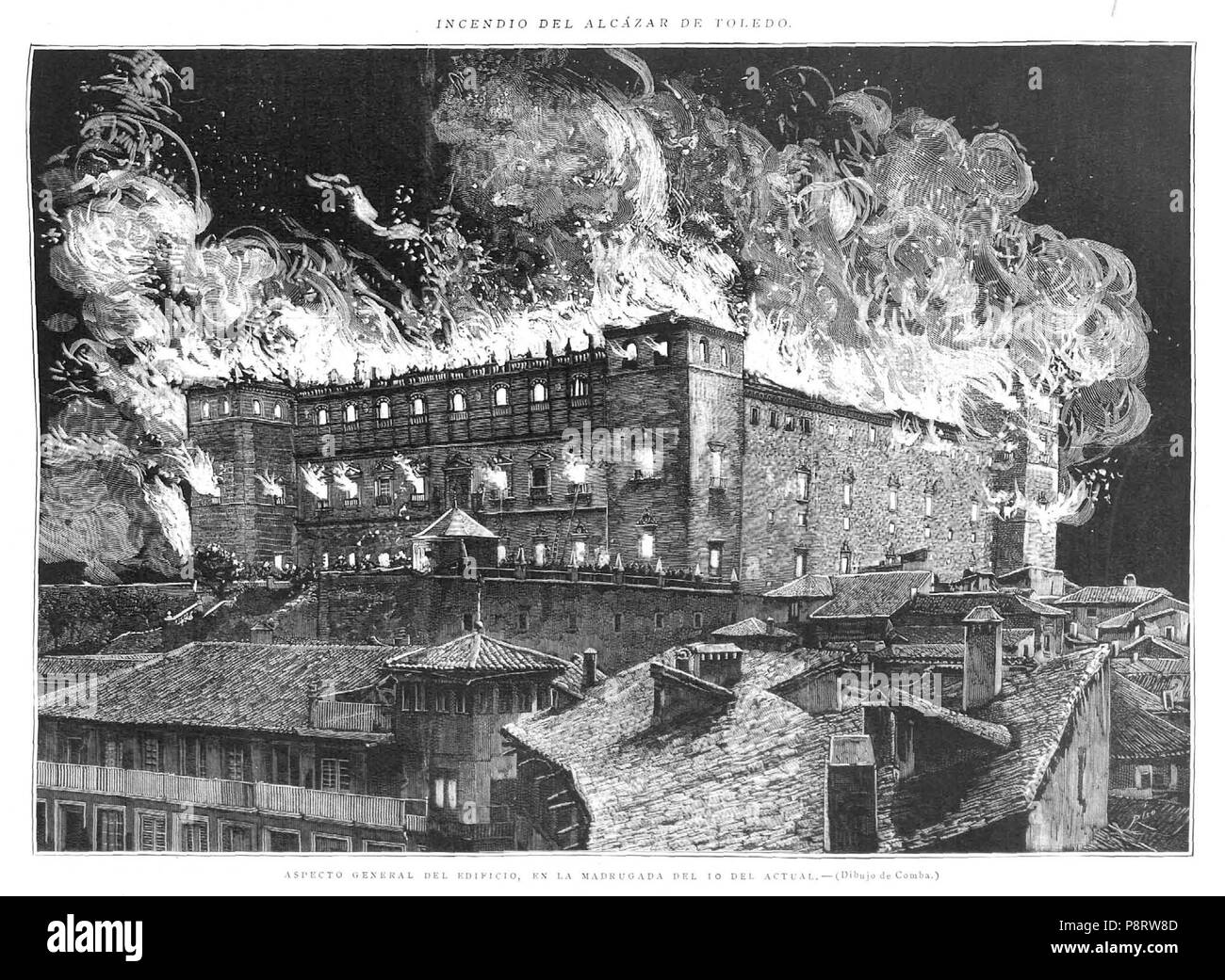 10 1887-01-15, La Ilustración Española y Americana, Incendio del Alcazar de Toledo, Aspecto General del Edificio, Comba, Rico Stockfoto