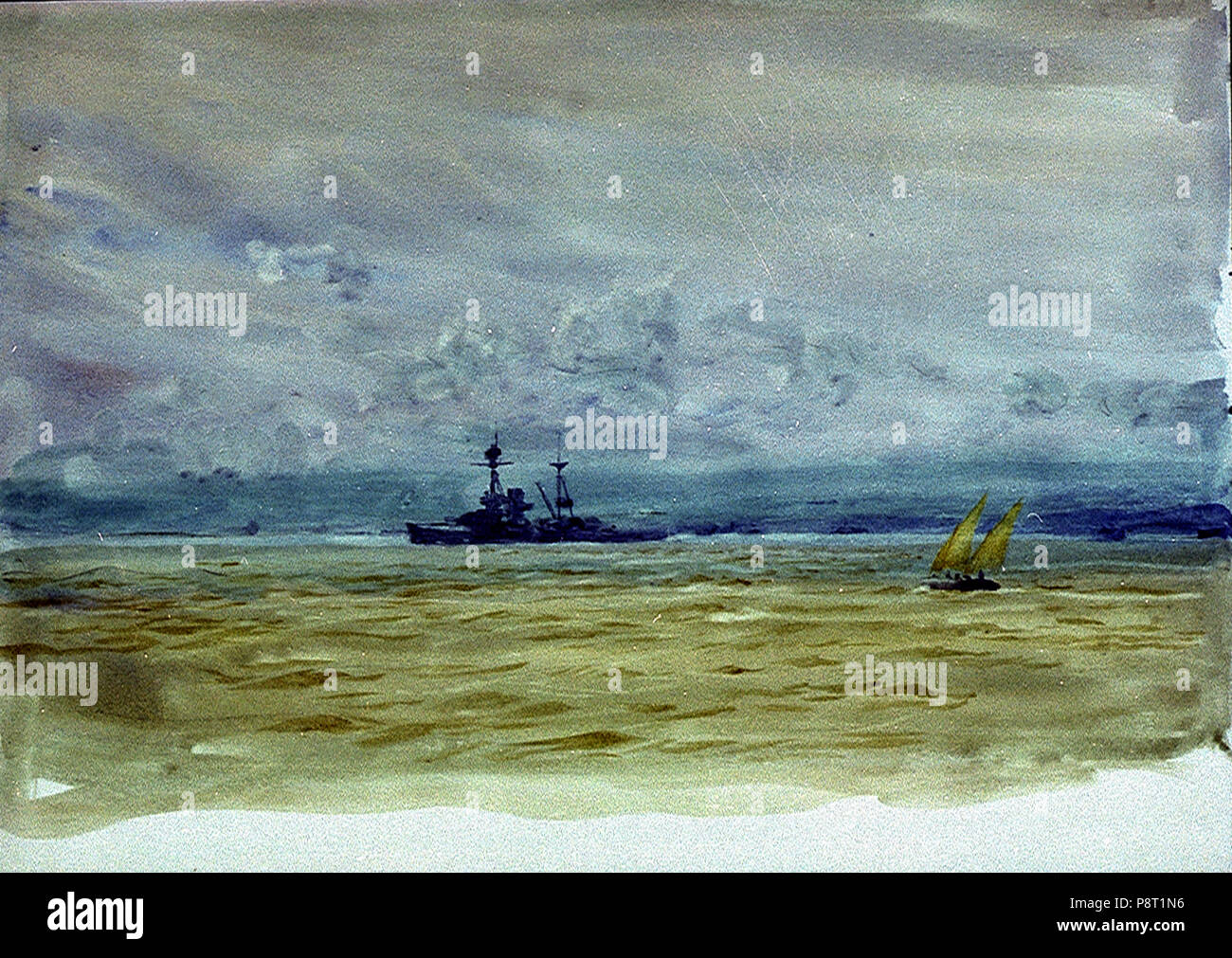 . 24 Eine leichte battlecruiser, wahrscheinlich "mutige", in der Nähe der Küste mit einem kleinen Segelmodalität Vela Latina - oder lug-manipulierten Segelschiff RMG-PV 0012 Stockfoto