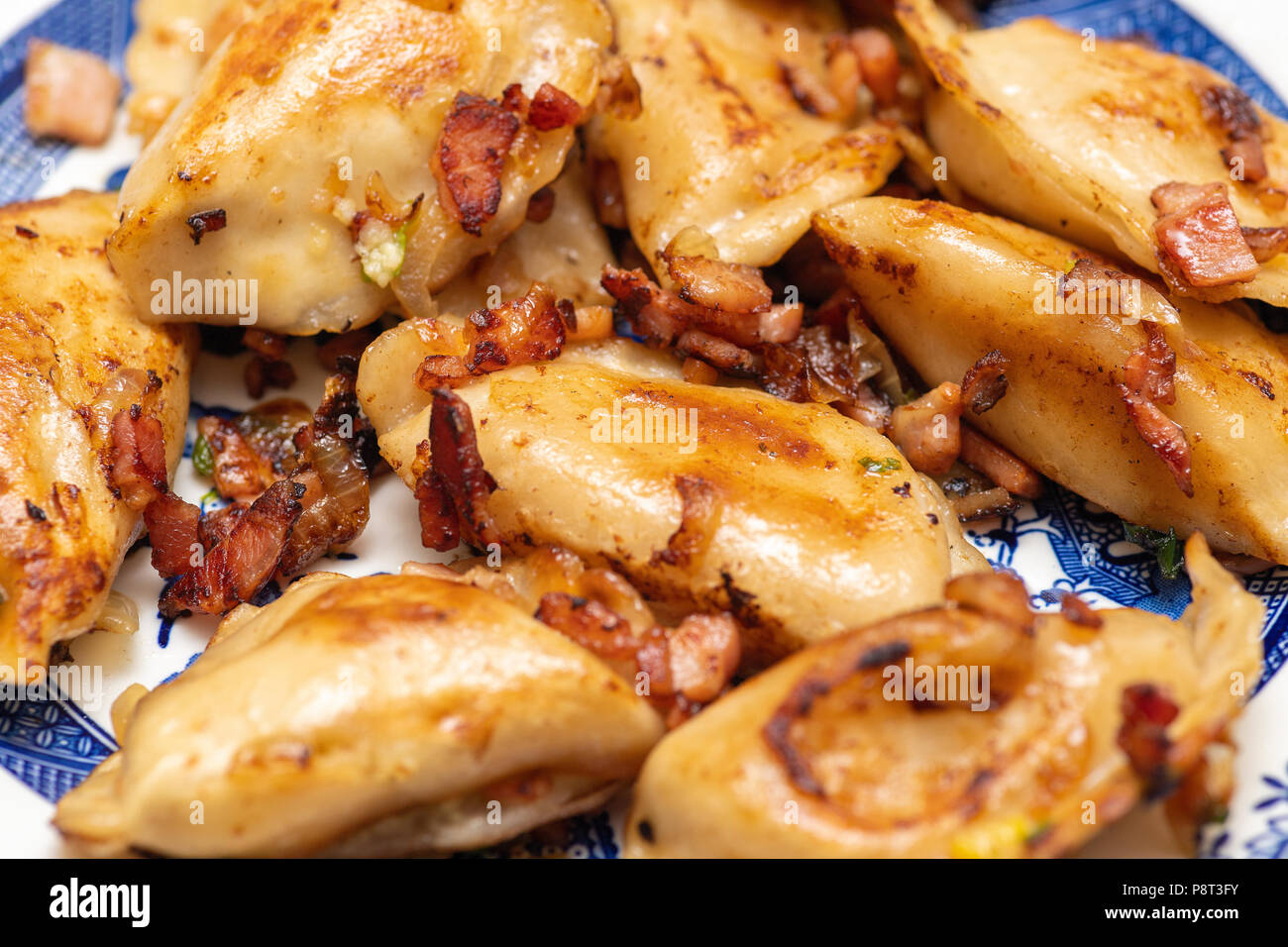 Wareniki, vareniki, Pierogi, pyrohy oder Knödel, mit Käse und Kartoffeln gefüllt, serviert mit Zwiebel und Speck auf einem blauen Platte Stockfoto