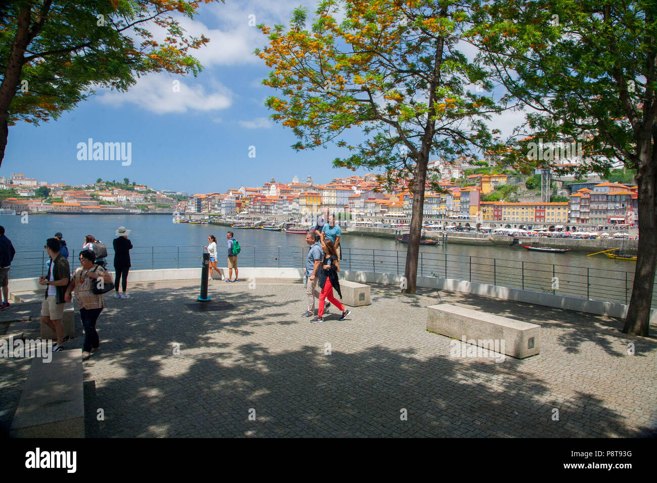 Blick auf Porto riverside (Stadtteil Ribeira) und den Fluss Douro in Vila Nova de Gaia, Portugal Stockfoto