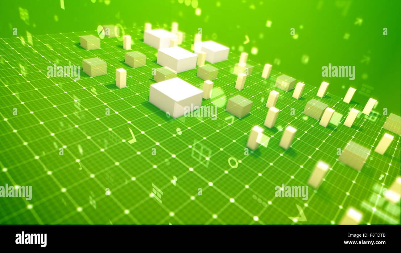 Eine siegreiche 3d-Abbildung: ein Balkendiagramm mit dem Springen spalten bezeichnet das Ergebnis in den grünen Hintergrund diagonal mit fliegenden Nullen, Flecken, ke Stockfoto