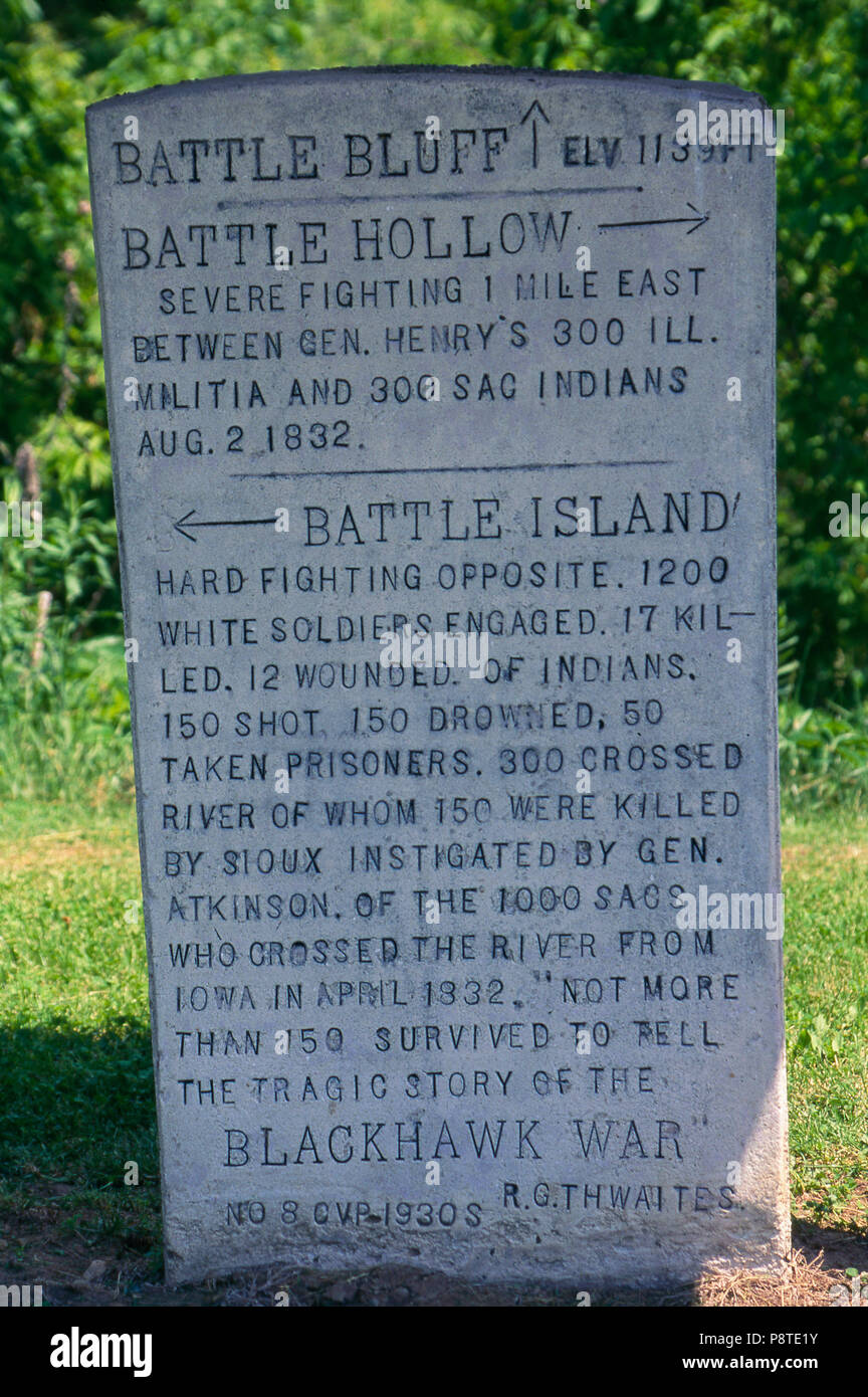 Black Hawk Krieg, Schlacht von schlechten Axt memorial Marker, Wisconsin. Foto Stockfoto