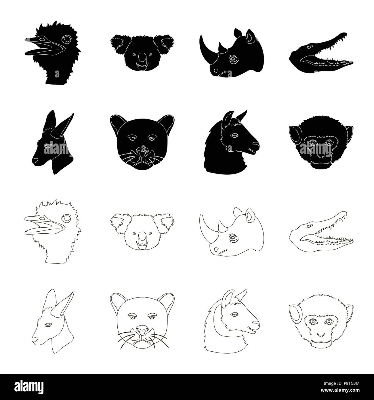 Kängurus, Lamas, Affen, Panther, realistische Tiere Sammlung Icons in ...
