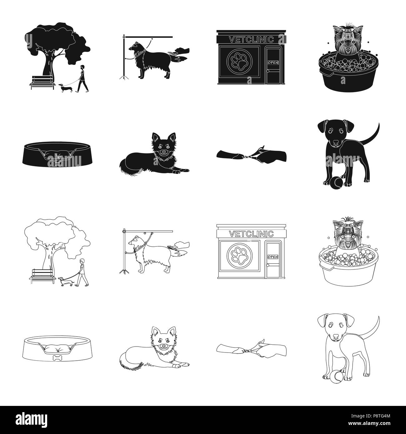 Liege für ein Haustier, Clipping von Klauen in einer Tierklinik, Liegender Hund, Welpe mit einem Ball. Tierklinik und Haustier, Hund Pflege Set Sammlung Icons in Schwarz, Überblick Stock Vektor