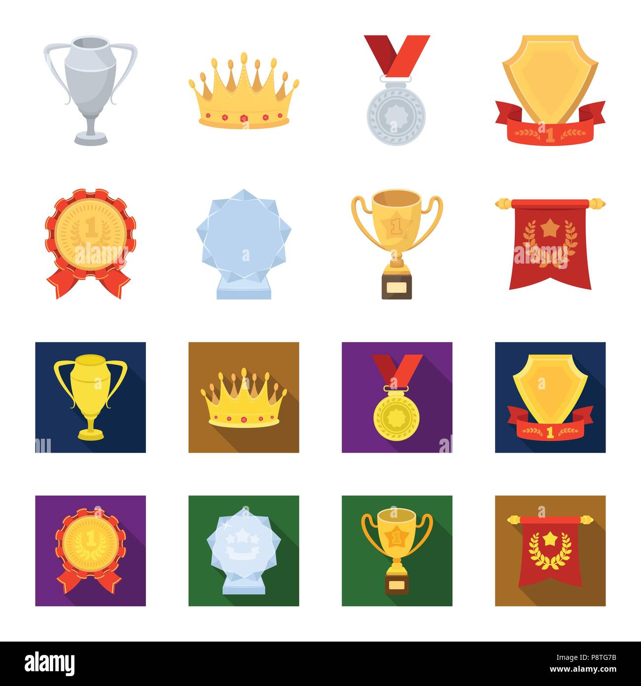 Eine olympische Medaille für den ersten Platz, eine Kristallkugel, eine goldene Schale auf einem Ständer, einem roten Anhänger. Auszeichnungen und Trophäen set Sammlung Icons im Cartoon, Wohnung st Stock Vektor