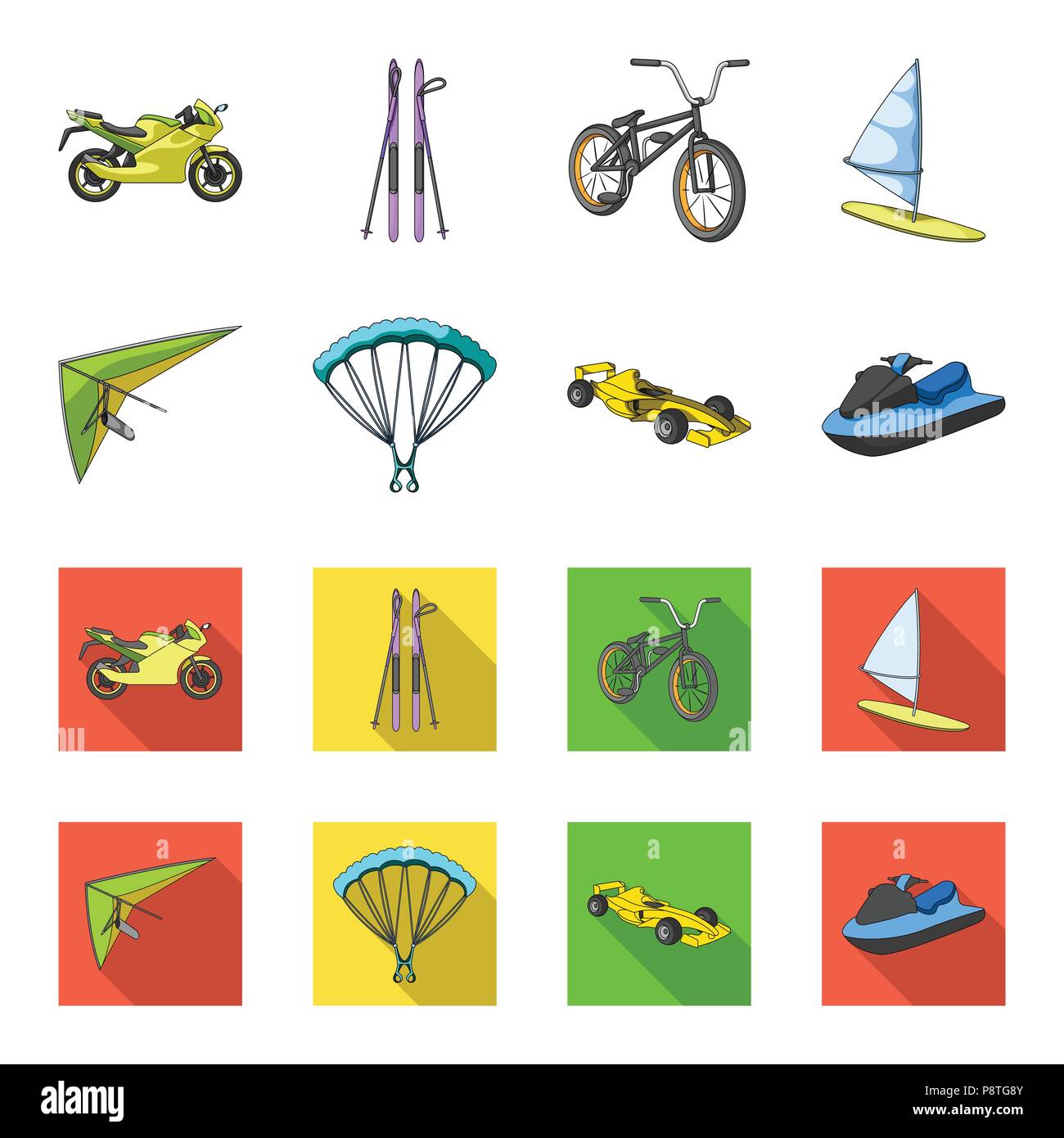 Hängegleiter, Fallschirm, Rennwagen, Wasser-scooter. Extreme Sport Sammlung Icons im Cartoon, flacher Stil vektor Symbol lieferbar Abbildung. Stock Vektor