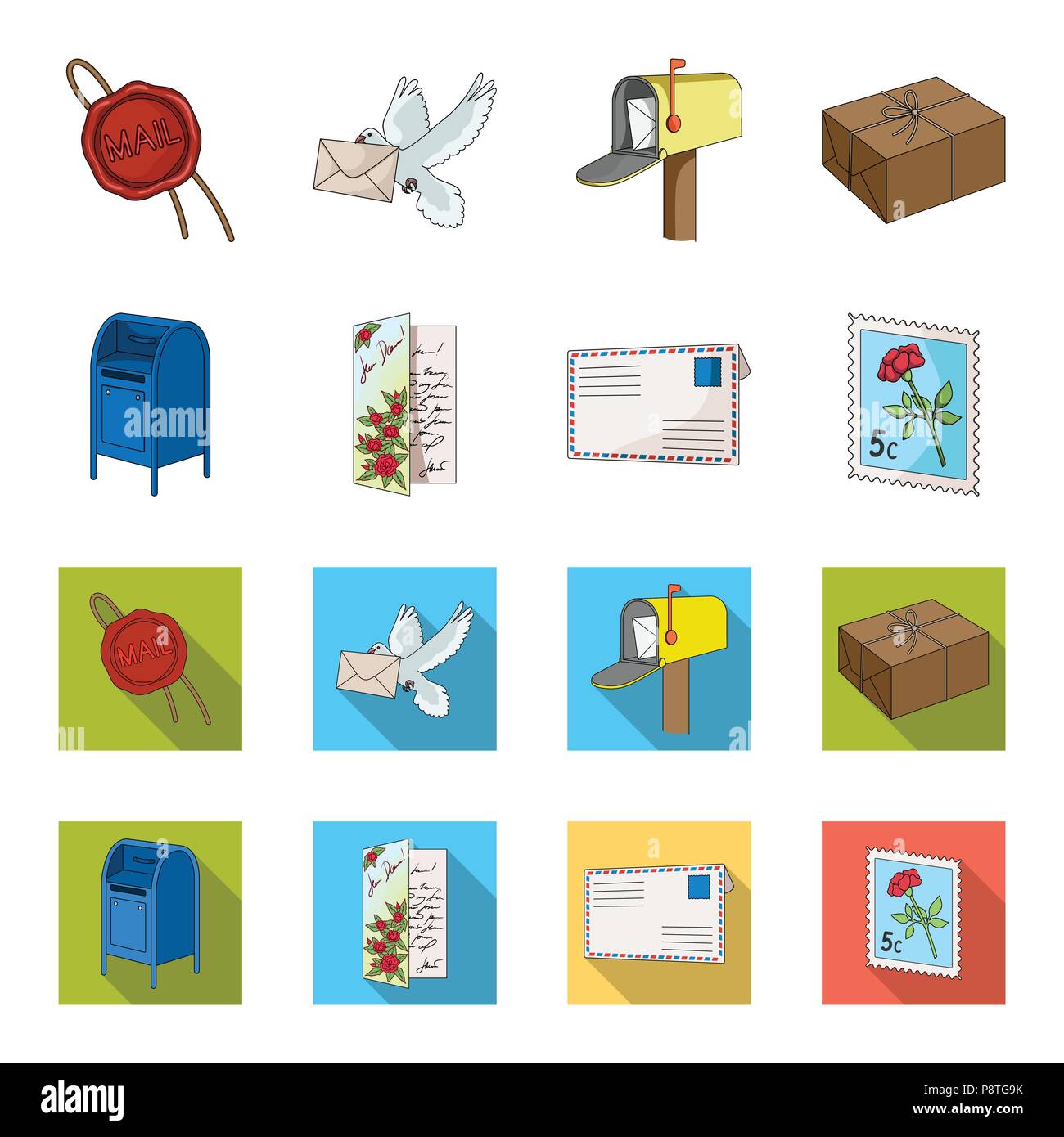 Mailbox, congratulatory Karte, Briefmarke, Umschlag. Mail und Postbote set Sammlung Icons im Cartoon, flacher Stil vektor Symbol lieferbar Abbildung. Stock Vektor