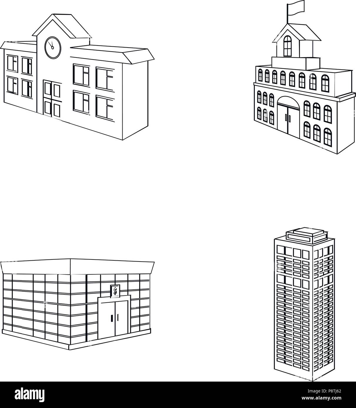 Bank office, Wolkenkratzer, Rathaus Gebäude, Hochschule Gebäude. Architektonische Struktur set Sammlung Symbole in der gliederungsansicht Stil vektor Symbol lieferbar Illus Stock Vektor