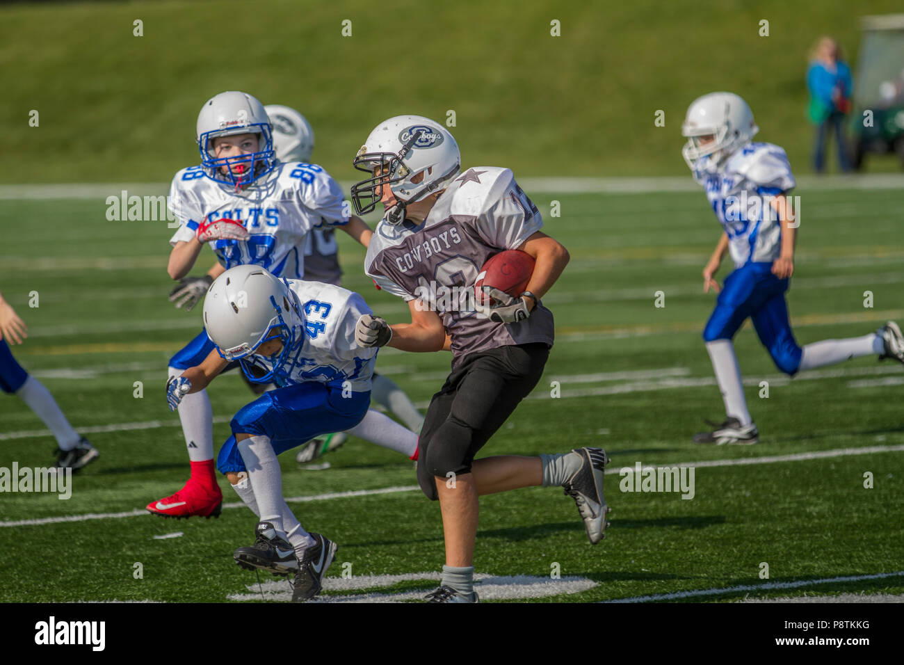 Dramatische, bunte Aktion Foto der Jungen Bantamfußball in Calgary, Alberta, Kanada Stockfoto