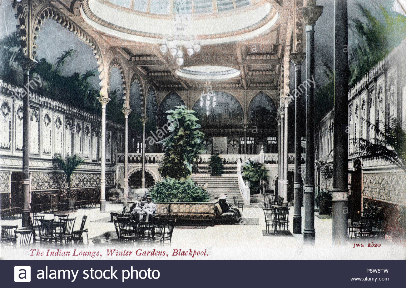 Die indische Lounge, Winter Gärten, Blackpool England, Alte Ansichtskarte von 1904 Stockfoto