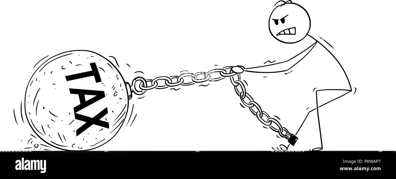Cartoon von Mann oder Geschäftsmann ziehen großen eisernen Kugel mit Steuer Text angekettet an seinem Bein Stock Vektor